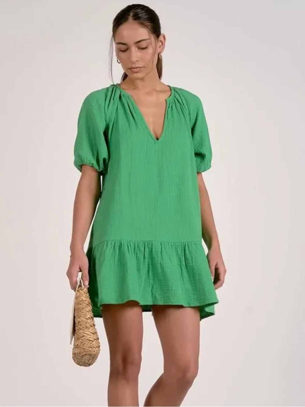 Elan Bright Green Textured V-Neck Tunic